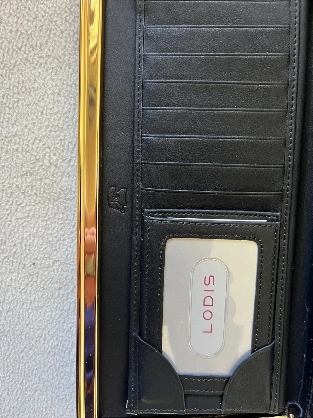 LODIS Black Gold Valley Boulevard Large Ballet Wallet Clutch Stripe Leather Fold